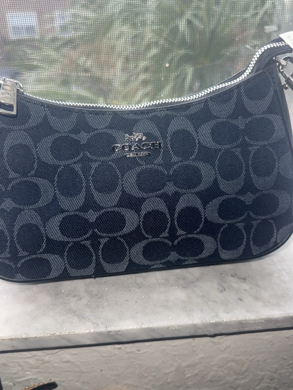 Coach Navy and Black Signature Jacquard Shoulder Bag
